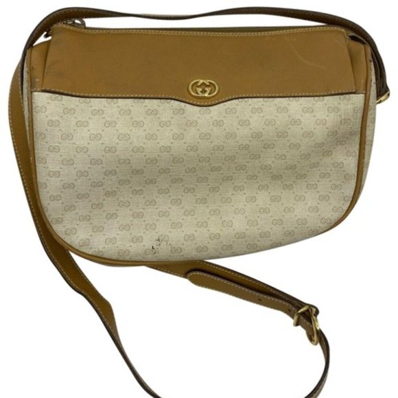 GUCCI Vintage Beige Coated Canvas/ Leather Crossbo - Picture 1 of 12